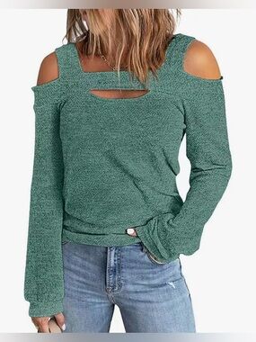 La Mode -New - Cold-Shoulder Knit Long Sleeve Top in Teal